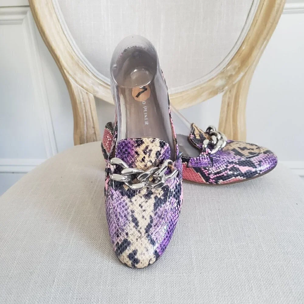 DONALD J PLINER Nolin Lavender Viper Python Leather Chain Loafer Flats Sz 7